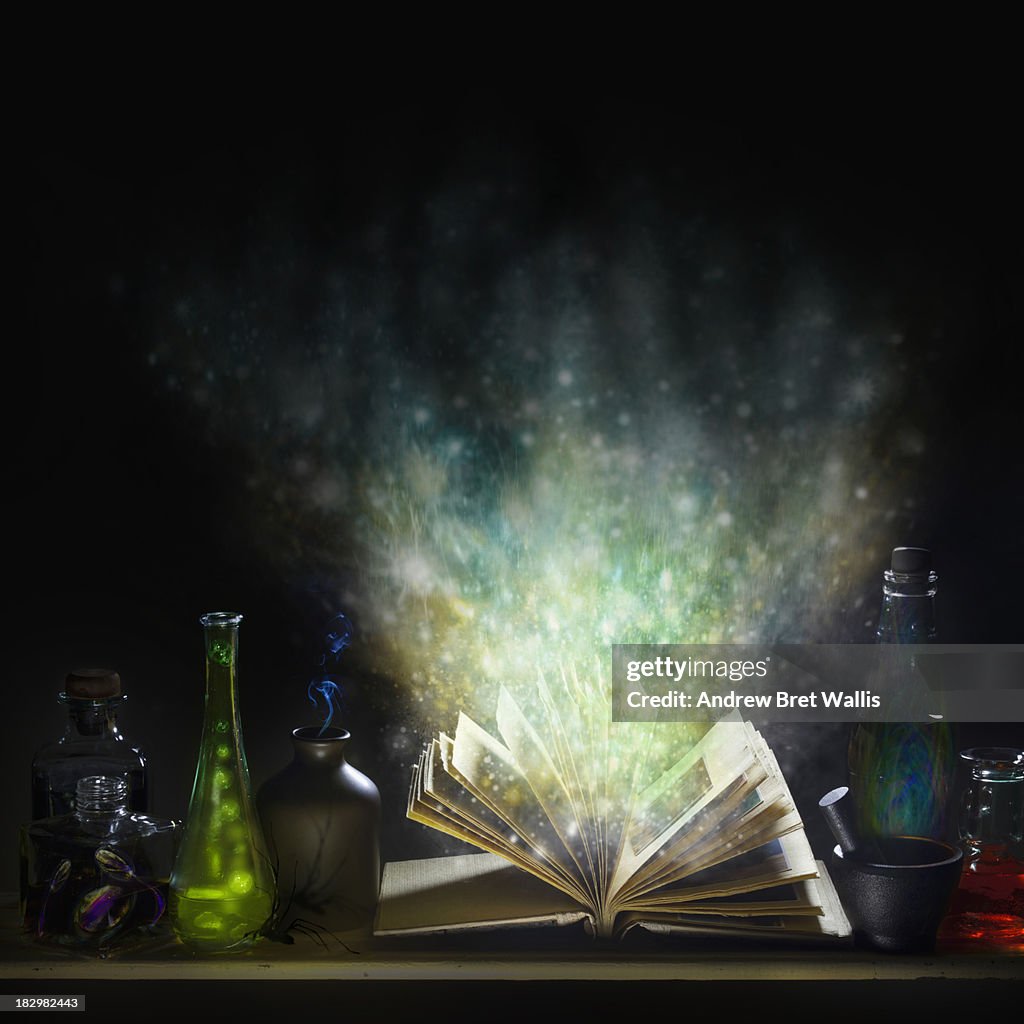 Bottles of spells and potions and books of magic