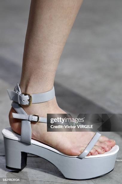 Model walks the runway during the Vionnet Ready to Wear show as part of the Paris Fashion Week Womenswear Spring/Summer 2014 on October 2, 2013 in...