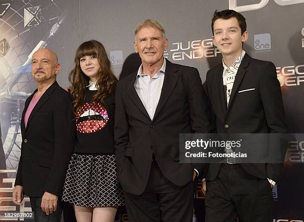 Actors Ben Kingsley, Hailee Steinfeld, Harrison Ford and Asa Butterfield attend a photocall for 'Ender's Game' at Villamagna Hotel on October 3, 2013...