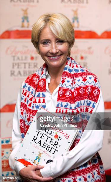 Emma Thompson meets fans and signs copies of her book 'The Christmas Tale Of Peter Rabbit' at Waterstones, Kings Road on October 3, 2013 in London,...