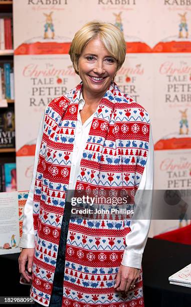 Emma Thompson meets fans and signs copies of her book 'The Christmas Tale Of Peter Rabbit' at Waterstones, Kings Road on October 3, 2013 in London,...
