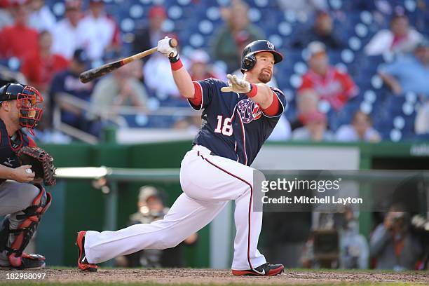 Chad Tracy of the Washington Nationals takes a swing during game one of a baseball game against the Atlanta Braves on September 17, 2013 at Nationals...