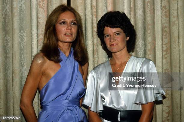 Gloria Steinem and astronaut Sally Ride are photographed at Steinem's 50th birthday celebration May 23, 1984 in New York City.