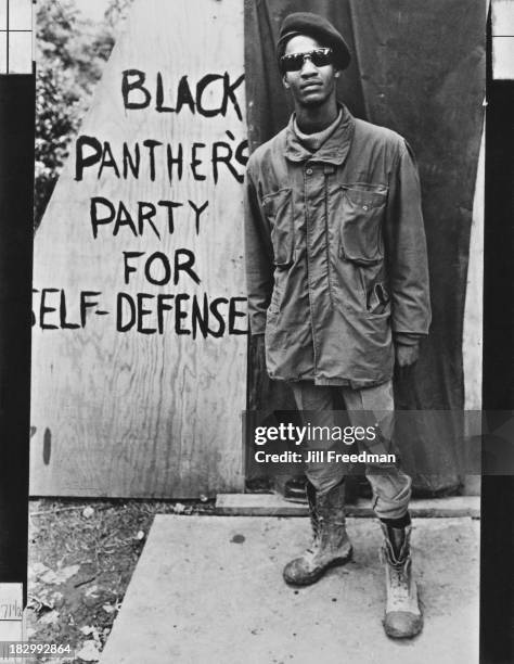 Black Panther Party member from Oakland, California, stands outside his makeshift shelter in Resurrection City, a three thousand person tent city on...