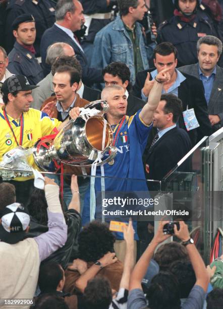 May 1996 UEFA Champions League Final - Ajax v Juventus - Fabrizio Ravanelli celebrates with the trophy with goalkeeper MichaelAngelo Rampulla.