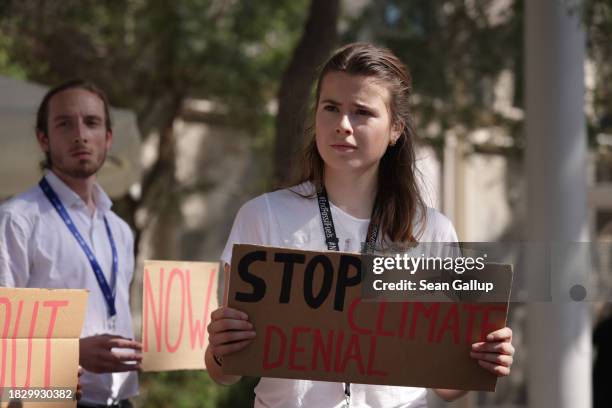 Climate activist Luisa Neubauer of Fridays for Future Germany leads a protest against climate science denial on day five of the UNFCCC COP28 Climate...