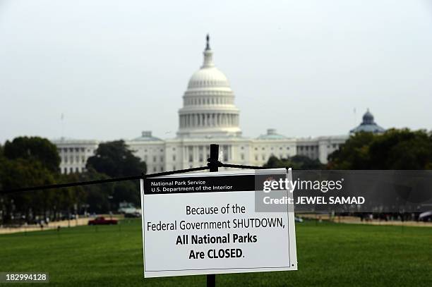 Closure sign is posted on the national mall near the US Capitol in Washington, DC, October 3 as seen during the third day of the federal government...