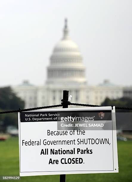 Closure sign is posted on the national mall near the US Capitol in Washington, DC, October 3 as seen during the third day of the federal government...