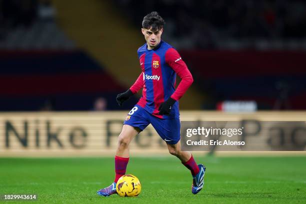 Pedro 'Pedri' Gonzalez of FC Barcelona run with the ball during the LaLiga EA Sports match between FC Barcelona and Atletico Madrid at Estadi Olimpic...