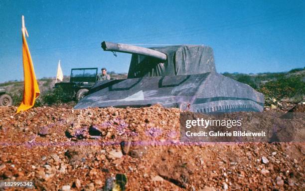 An inflatable dummy tank modelled after the M4 Sherman during Operation Fortitude, Southern England, United Kingdom, 1944. It was used to confuse...