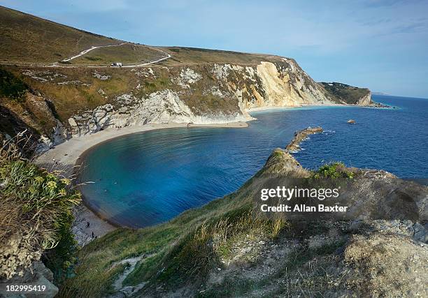 elevated view of beach at durdle door - weymouth dorset stock pictures, royalty-free photos & images