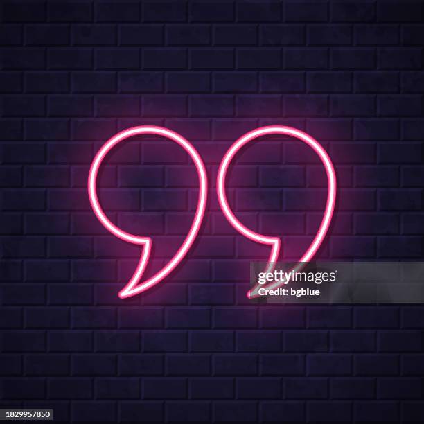 quotation marks symbol. glowing neon icon on brick wall background - comma stock illustrations