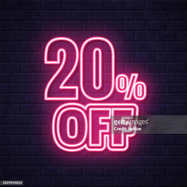 20 percent off (20% off). glowing neon icon on brick wall background - 20 per cent stock illustrations