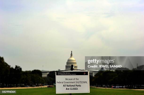 Closure sign is posted on the national mall near the US Capitol in Washington, DC, October 3 as seen during the third day of the federal government...