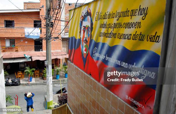 Mural of Pablo Escobar is seen in the streets at Pablo Escobar neighborhood during 30th anniversary of the late Colombian drug trafficker Pablo...