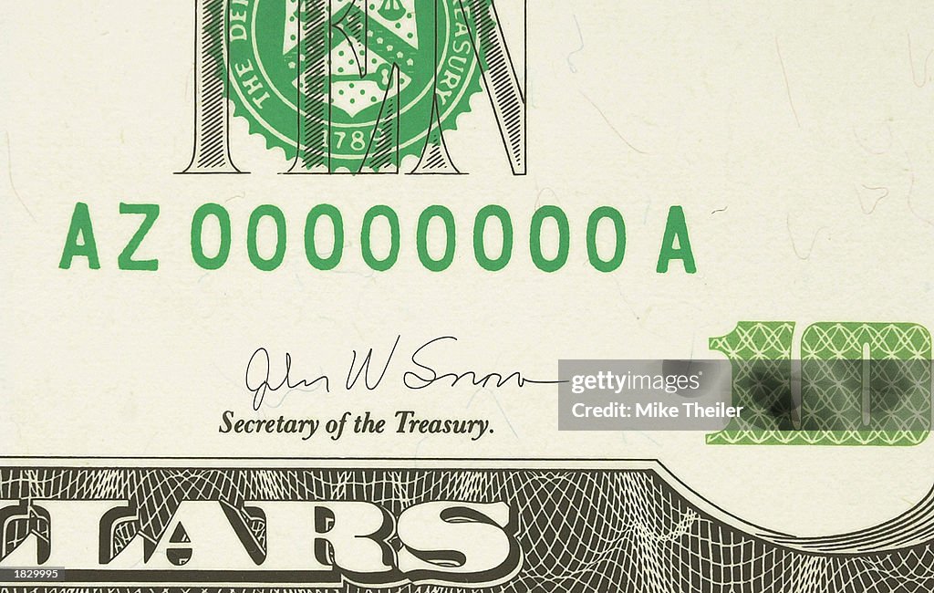 Snow Signature U.S. Treasury Secretary John W. Snow's signature appears on a mock ...