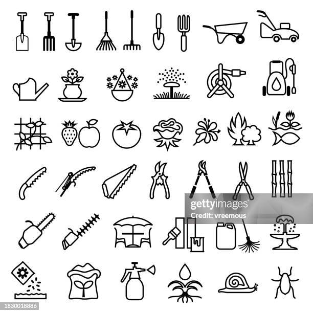 gardening tools and equipment line icons - lawn mower stock illustrations