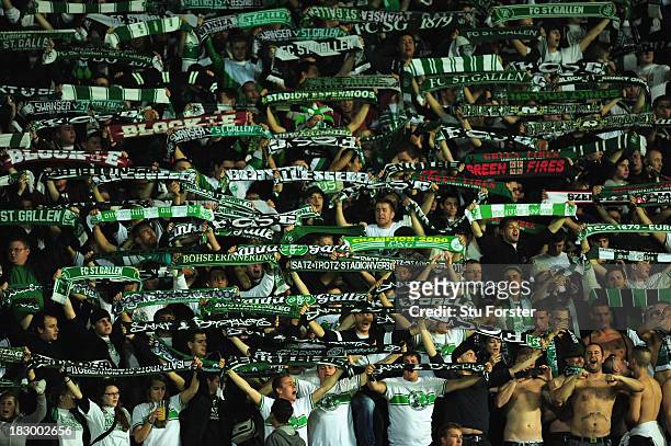 St Gallen fans in action before the UEFA Europa League match between Swansea City and FC St Gallen at Liberty Stadium on October 3, 2013 in Swansea,...