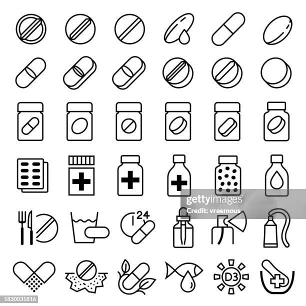 stockillustraties, clipart, cartoons en iconen met medicinal pills and tablets line icons - vitamine d