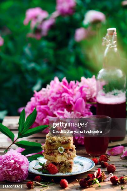 strawberry rhubarb cheesecake bars - rhubarb cheesecake stock pictures, royalty-free photos & images