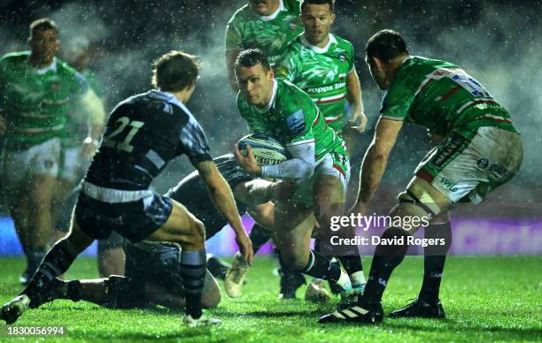 Tom Whiteley of Leicester Tigers takes on Sam Stuart during the Gallagher Premiership Rugby match between Leicester Tigers and Newcastle Falcons at...