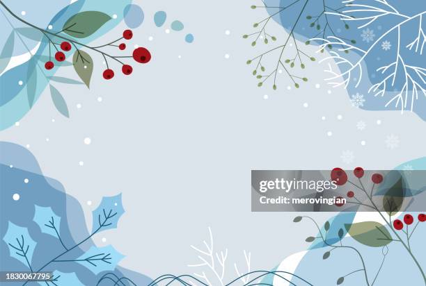 abstrakter winterhintergrund mit natürlichen linienzeichnungen. vektorvorlage mit blumen, botanischen blättern und steinpilzzweigen - winter stock-grafiken, -clipart, -cartoons und -symbole