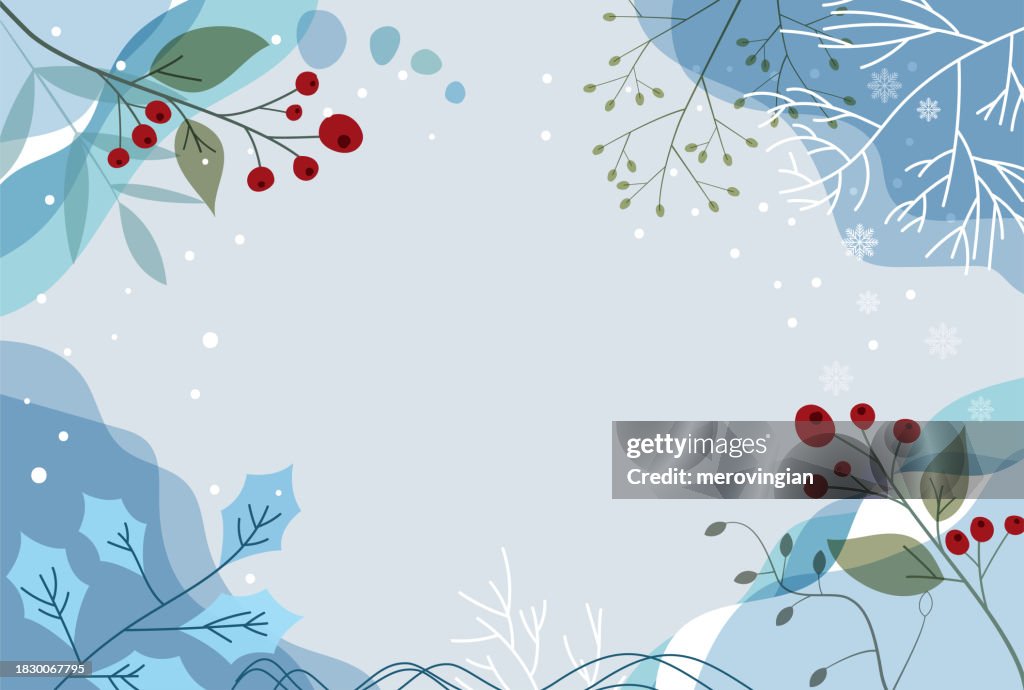 Abstract winter background with natural line arts. Vector template with flowers, botanical leaves and ilex branches