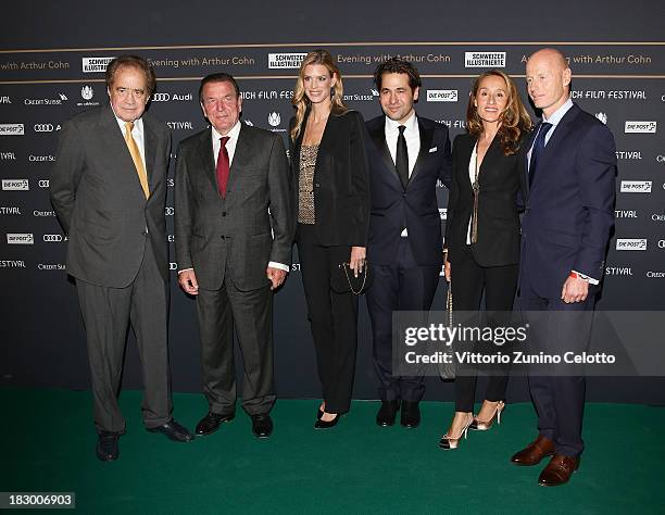 Arthur Cohn, Gerhard Schroeder, Nadja Schildknecht, Karl Spoerri, Susanne Walder, Marc Walder attend an evening with Arthur Cohn during the Zurich...