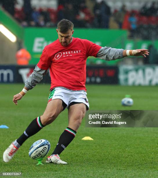 Handre Pollard of Leicester Tigers wearing a Restart T shirt in support ot Restart, the Rugby Players Association charity prior to the Gallagher...
