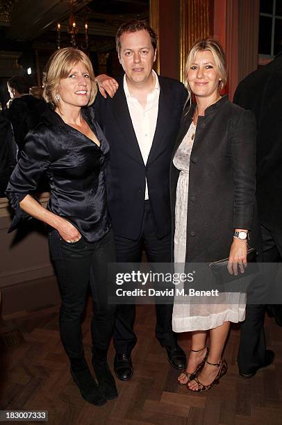 Rachel Johnson, Tom Parker Bowles and Sara Parker Bowles attend the launch of Geordie Greig's new book "Breakfast With Lucian" on October 3, 2013 in...