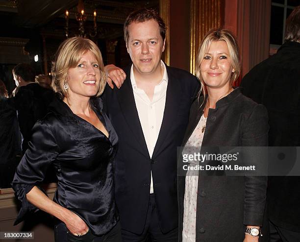 Rachel Johnson, Tom Parker Bowles and Sara Parker Bowles attend the launch of Geordie Greig's new book "Breakfast With Lucian" on October 3, 2013 in...