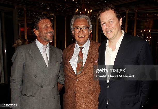 Rocco Forte, Sir David Tang and Tom Parker Bowles attend the launch of Geordie Greig's new book "Breakfast With Lucian" on October 3, 2013 in London,...