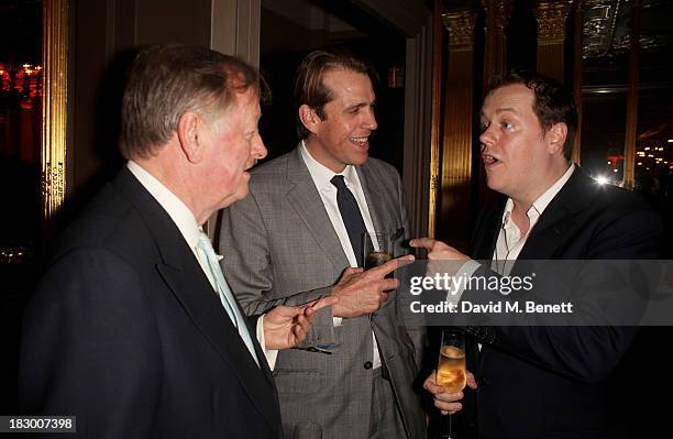 Andrew Parker Bowles, Tom Parker Bowles and Ben Elliot attend the launch of Geordie Greig's new book "Breakfast With Lucian" on October 3, 2013 in...