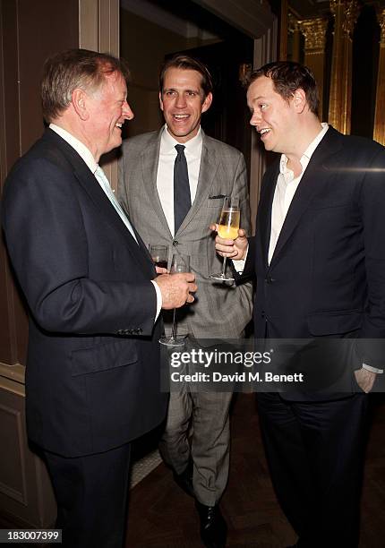 Andrew Parker Bowles, Tom Parker Bowles and Ben Elliot attend the launch of Geordie Greig's new book "Breakfast With Lucian" on October 3, 2013 in...