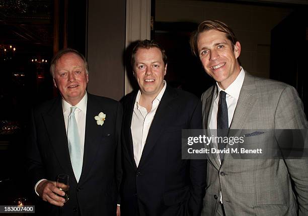 Andrew Parker Bowles, Tom Parker Bowles and Ben Elliot attend the launch of Geordie Greig's new book "Breakfast With Lucian" on October 3, 2013 in...