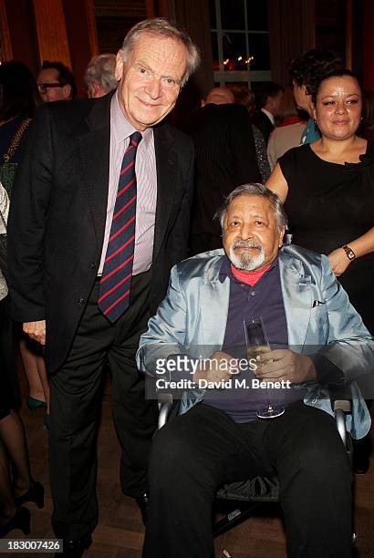 Lord Jeffrey Archer and V.S. Naipaul attend the launch of Geordie Greig's new book "Breakfast With Lucian" on October 3, 2013 in London, England.