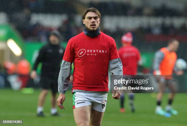 Ollie Hassell-Collins of Leicester Tigers wearing a Restart T shirt in support ot Restart, the Rugby Players Association charity prior to the...