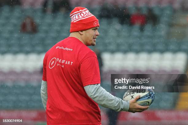 Jamie Blamire of Newcastle Falcons wearing a Restart T shirt in support ot Restart, the Rugby Players Association charity prior to the Gallagher...