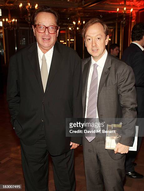Lord Maurice Saatchi and Geordie Greig attend the launch of Geordie Greig's new book "Breakfast With Lucian" on October 3, 2013 in London, England.