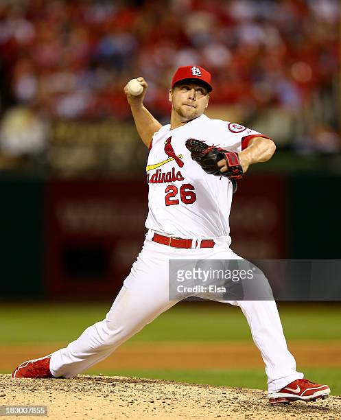 Trevor Rosenthal of the St. Louis Cardinals pitches in the ninth inning against the Pittsburgh Pirates during Game One of the National League...