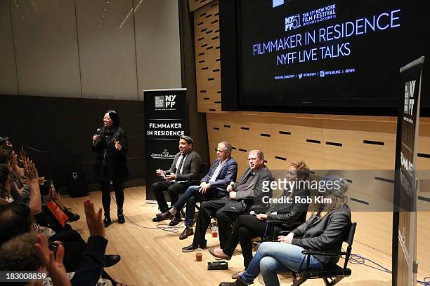 Rose Kuo, Eugene Hernandez; Henry Bean; Larry Gross; Naomi Foner; Andrea Arnold attend the Story Creation and the Artistic Process panel at Elinor...
