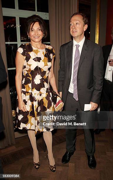 Dorrit Moussaieff and Geordie Greig attend the launch of Geordie Greig's new book "Breakfast With Lucian" on October 3, 2013 in London, England.