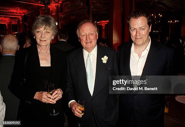 Guest, Andrew Parker Bowles and Tom Parker Bowles attend the launch of Geordie Greig's new book "Breakfast With Lucian" on October 3, 2013 in London,...