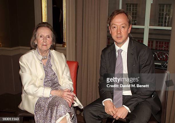 Geordie Greig and mother attend the launch of Geordie Greig's new book "Breakfast With Lucian" on October 3, 2013 in London, England.