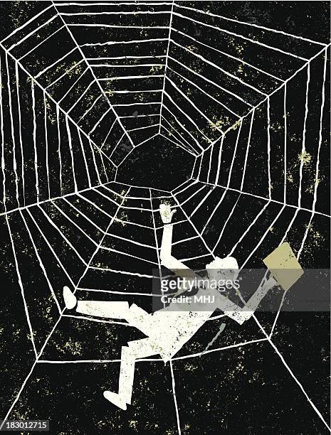 man falling spider's web - trapped in the web stock illustrations