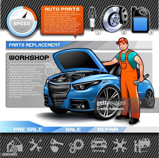 auto repair infografik set - motorhaube stock-grafiken, -clipart, -cartoons und -symbole