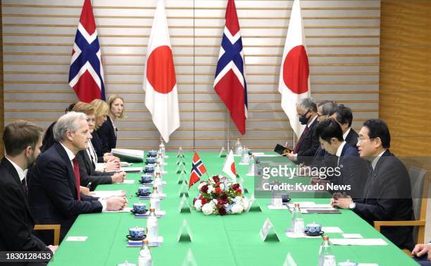 Japanese Prime Minister Fumio Kishida holds talks with his Norwegian counterpart Jonas Gahr Store in Tokyo on Dec. 7, 2023.