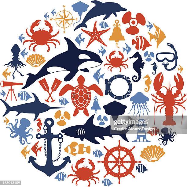 sea life collage - crab seafood stock-grafiken, -clipart, -cartoons und -symbole