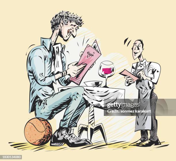 giant basketball player in restaurant - man ordering drinks stock illustrations