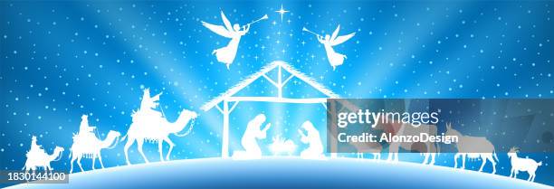 stockillustraties, clipart, cartoons en iconen met nativity scene. the birth of christ. the holy child. mother and child. three wise men. - baby goats